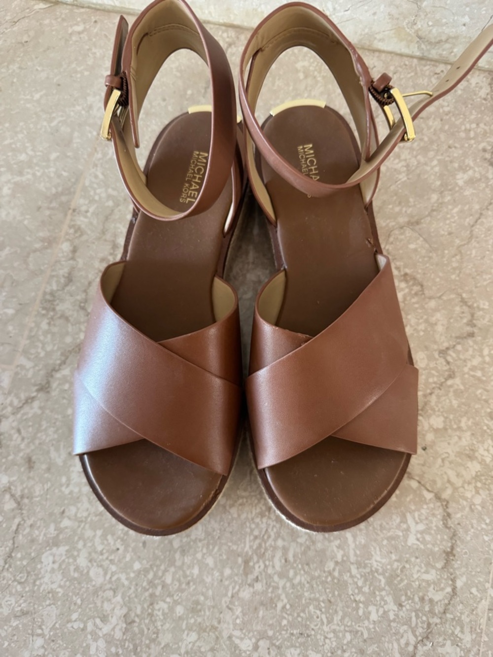 Michael Kors Brown Crisscross Leather Ankle-Strap Sandals